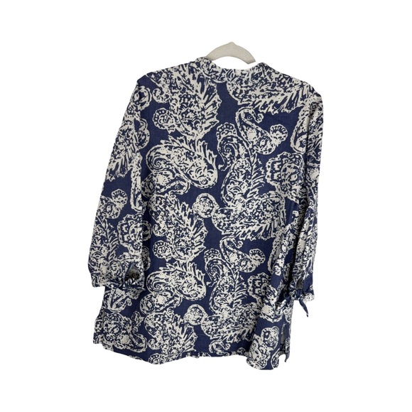 JM Collection 3/4 Sleeve Linen Button Up Tunic Blue & White Paisley SZ 14 - Picture 5 of 9